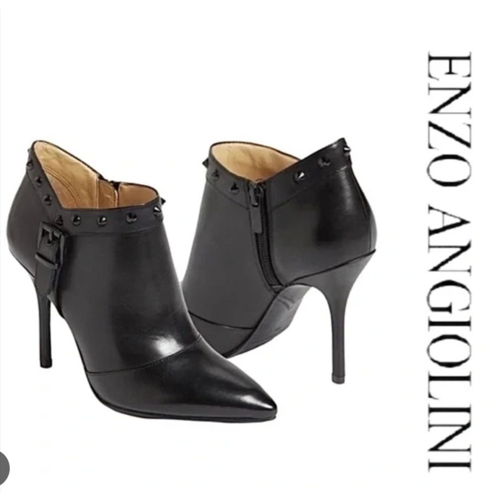 Enzo Angiolini Presly Black Leather Studded Stiletto Ankle Boots Size 7 M